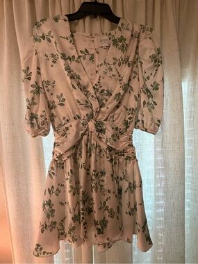 Misa Los Angeles Cream Mini Dress with Green Botanical Print